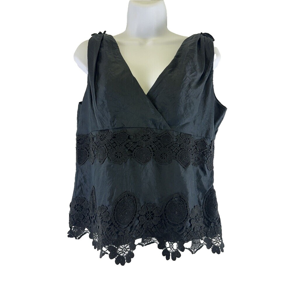 Spiegel Silk Tank Blouse Black V-Neck Lace Crochet Sleeveless Elegant Womens 8
